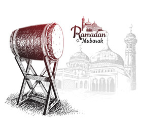 Wall Mural - Ramadan Mubarak illustration with traditional drum and mosque hand drawn on white background