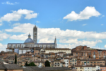 Canvas Print - Historic houses and bell tower and dome of the medieval cathedral in Siena