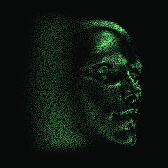 Aufkleber - Silhouette of a 3d human head made of dots and particles. Concept of Artificial intelligence and Neural Network.
