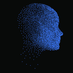 Aufkleber - Silhouette of a 3d human head made of dots and particles. Concept of Artificial intelligence and Neural Network.