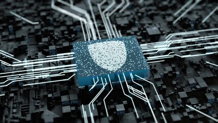 Wall Mural - global network security. virtual central defense in an abstract online city. shield symbol in the fu