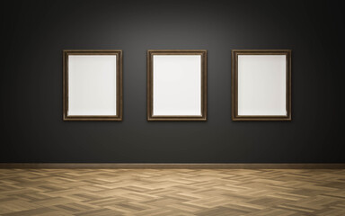 Wall Mural - empty blank picture frames in art gallery exhibition on dark wall and wooden floor 3d render illustration
