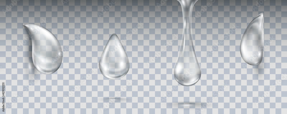 Water rain drop set isolated on transparent background. Realistic collagen droplet collection. Vector clear bubbles, aqua elements or dew templates - obrazy, fototapety, plakaty 