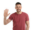 © New Africa - Cheerful man waving to say hello on white background