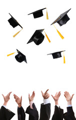 Group of graduates throwing hats against white background, closeup. Vertical banner design