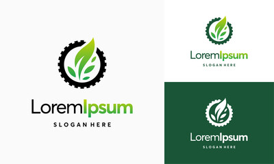 Wall Mural - Modern nature technology logo, leaf and gear machine vector, Agriculture logo template icon, Green Eco Tech Logo Template Design Vector, Nature Industry