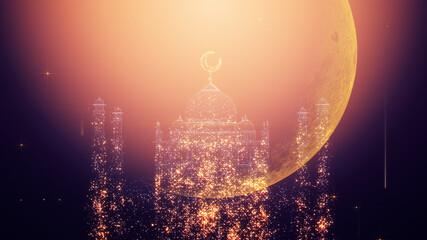 Wall Mural - Ramadan Kareem Silhouette Soft Background. Silhouette of Taj Mahal with particle glitter glow and crescent moon on soft background.