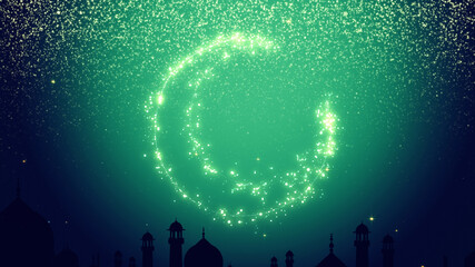 Wall Mural - Ramadan Kareem Silhouette Soft Background. Silhouette of Taj Mahal with particle glitter glow and crescent moon on soft background.