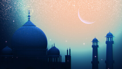 Wall Mural - Ramadan Kareem Silhouette Soft Background. Silhouette of Taj Mahal with particle glitter glow and crescent moon on soft background.