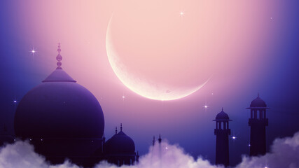 Wall Mural - Ramadan Kareem Silhouette Soft Background. Silhouette of Taj Mahal with particle glitter glow and crescent moon on soft background.