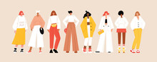 Group Of Diverse Young Modern Women Wearing Trendy Clothes. Casual Stylish City Street Style Fashion Outfits. Woman Power Concept Banner. Hand Drawn Characters Colorful Vector Illustration.
