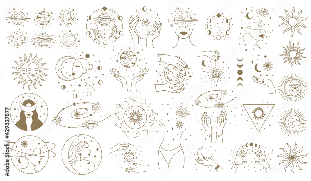 Mystical astrology elements. Magical space objects, planets, stars with female hands and faces vector illustration set. Minimalist woman cosmic objects - obrazy, fototapety, plakaty 