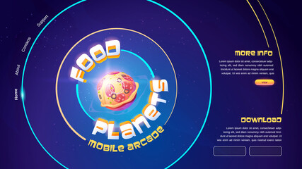 Wall Mural - food planets mobile arcade game website with sphere with pizza pattern. vector landing page of onlin
