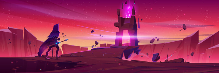 Wall Mural - wizard walk to magic portal in stone frame on mountain landscape at sunrise. vector cartoon fantasy 