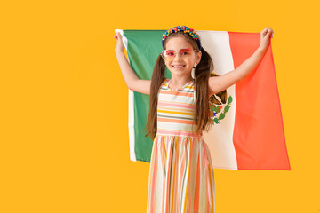 Sticker - Little girl with Mexican flag on color background