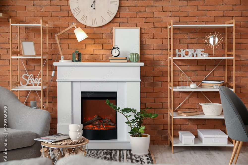 Interior of modern room with fireplace