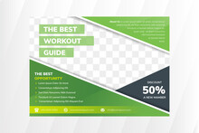 Abstract Flyer Design Template For The Best Workout Guide With Green Background And Grey Of Element. Vector Elegant Backdrop For Promotion With Diagonal Space For Photo Collage.