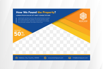 Wall Mural - abstract flyer design template for property program with blue background and orange gradient of elem