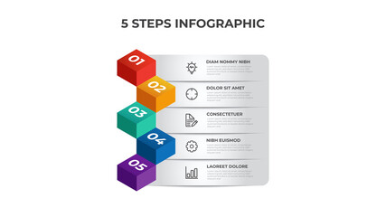 Wall Mural - 5 list of steps diagram, row layout with isometric number sequence, infographic element template vector