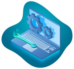 System update.Installing and configuring the operating system.The concept of system software support.Laptop and operating system.3d image.Isometric vector illustration.