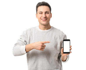 Wall Mural - handsome young man with mobile phone on white background