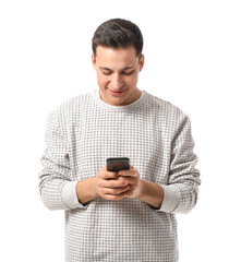 Wall Mural - handsome young man with mobile phone on white background