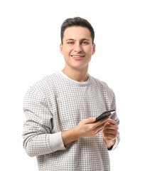 Wall Mural - handsome young man with mobile phone on white background