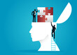 vector illustration of a man on ladder installing puzzle on human head. describe open mind, thinking and brainstorming. business concept illustration