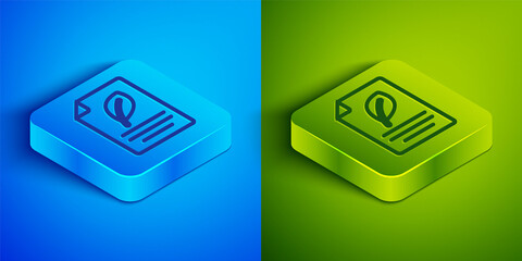 Sticker - Isometric line Eco paper with leaf icon isolated on blue and green background. Suitable for business, education and nature. Square button. Vector