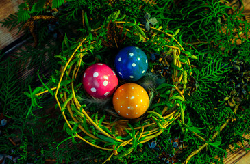 easter eggs in a basket, easter eggs in a nest, holiday, pass, sunday, easter egg, easter cake, egg, eggs, bright easter holiday, nest, holy easter, bright sunday, food, christ's day, easter, colorful