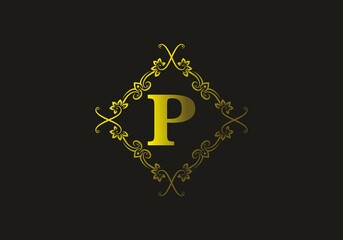 Wall Mural - Gradient yellow gold color of P initial letter in vintage frame