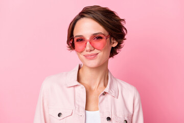 Poster - Photo of happy positive young woman wear sunglass good mood isolated on pastel pink color background