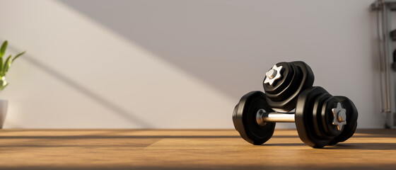 3D rendering, dumbbells on wooden floor in concept fitness room, 3D illustration