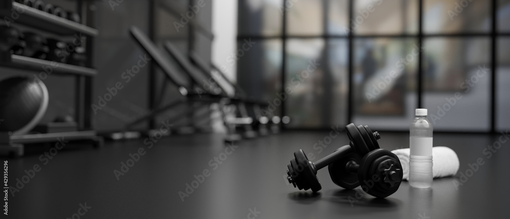 3D rendering, dumbbells on the floor in concept fitness room with training equipments in the back - obrazy, fototapety, plakaty 