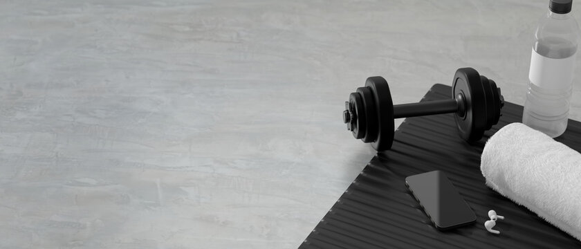 3d rendering, dumbbells on the floor in concept fitness room with water bottle and training equipmen