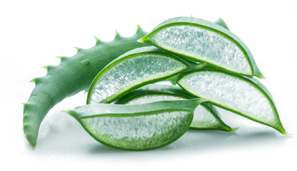 Wall Mural - Aloe or Aloe vera fresh leaves and slices on white background.