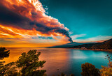 Fototapeta  - Incredible scenery from the last big eruption of Mount Etna. Fire sky, Fire shades in the sea 