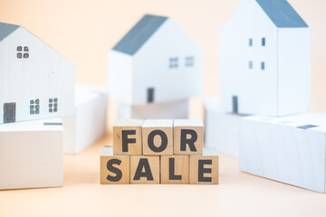 Poster - Cube wooden block with alphabet building the word FOR SALE and miniature wood home around it.