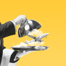Contemporary Art Collage, Modern Design. Summer Mood. Waiter Serving Air Vacation With Plane On Yellow