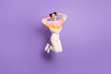 Sticker - Full length photo of charming cute young woman wear striped pullover jumping arms head isolated purple color background