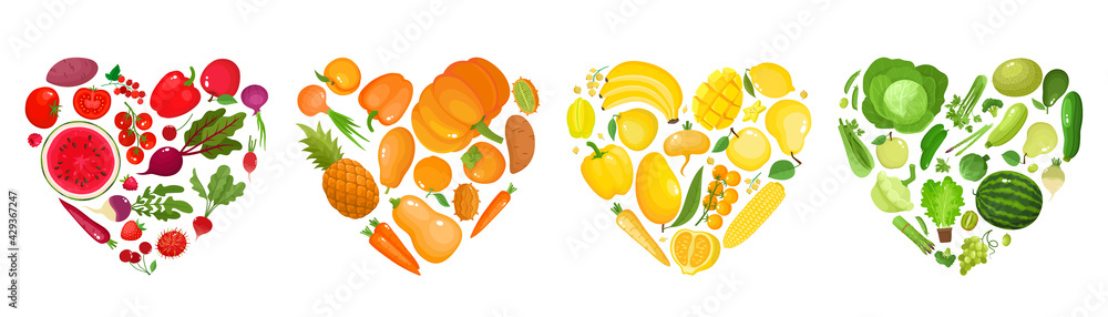 Vector concept of colorful fruit, vegetables, eat colors for health - obrazy, fototapety, plakaty 
