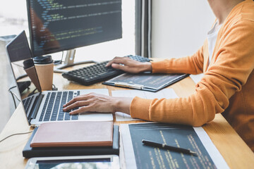 Wall Mural - young professional programmer working at developing programming and website working in a software de