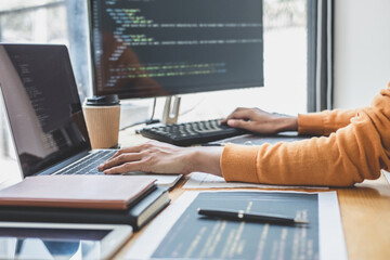 Wall Mural - young professional programmer working at developing programming and website working in a software de