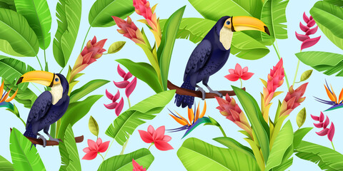 Tropical vector seamless pattern, toucan, floral jungle texture, paradise flowers, green banana leaf. Summer Hawaii nature background, rainforest wildlife wrapping paper design. Blue tropical pattern