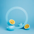 Product podium and frame for copy space with blue lemons on blue background. Concept scene stage showcase for juice, cocktails or fruit related products. Minimal summer empty mock up template.