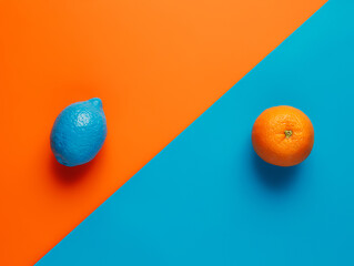 Citrus layout with blue painted lemon and orange on two tone vibrant background. Minimal fruit food concept. Vegetarian healthy vitamin diet banner. Flat lay, top view.