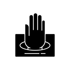 Poster - Gloves in box black glyph icon. Rubber protection for hands. Latex gloves. Doctor uniform. Quarantine safety. Disposable PPE. Silhouette symbol on white space. Vector isolated illustration