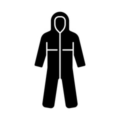 Poster - Medical coveralls black glyph icon. Protective wear from dangerous contamination. Suit for laboratory. Quarantine safety. Disposable PPE. Silhouette symbol on white space. Vector isolated illustration