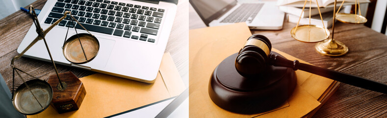 Justice and law concept.Male judge in a courtroom with the gavel, working with, computer and docking keyboard, eyeglasses, on table in morning light