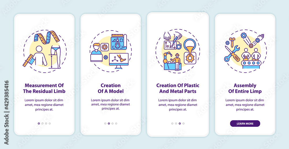 Artificial limb manufacturing steps onboarding mobile app page screen ...